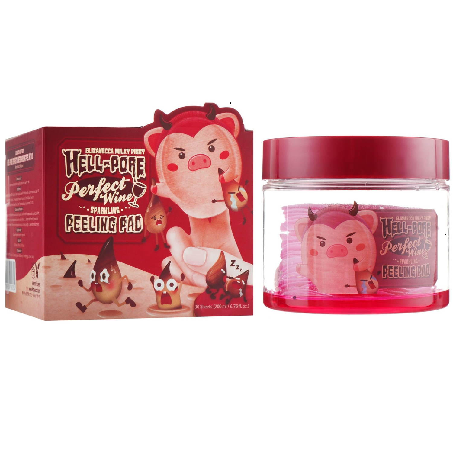 Очищувальні пілінг-педи на основі червоного вина Elizavecca Milky Piggy Hell-Pore Perfect Wine Sparkling Peeling Pad фото 2